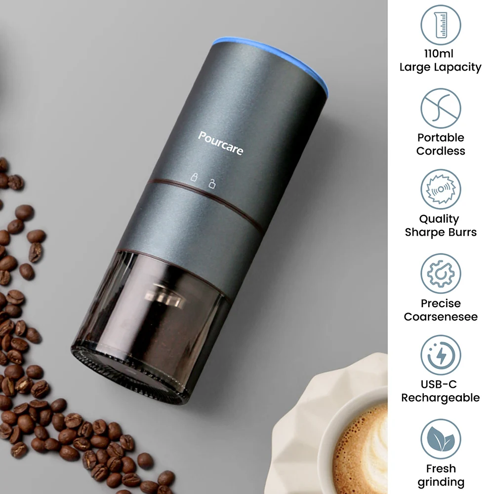 Stainless Steel Core Coffee Grinder Electric Coffee Bean Grinder USB Rechargeable LED Ambient Light Coffee Machine