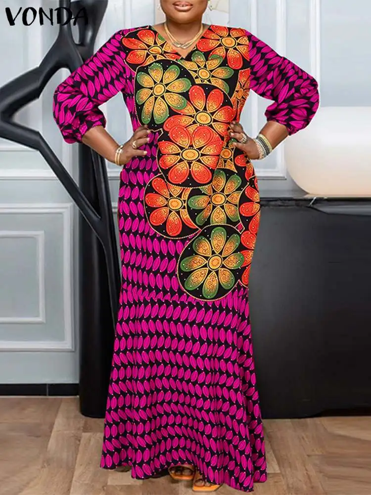 Plus Size VONDA Women Evening Dress 2024 Sexy V Neck Long Lantern Sleeve Sundress Vintage Floral Printed African Dress Vestido