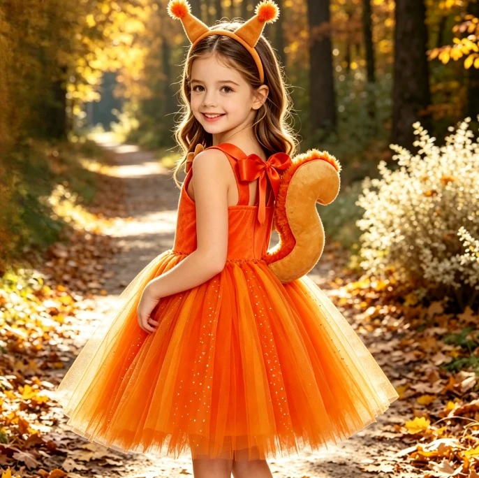 Children Orange Cute Squirrel Sparkly Tutu Dress With Ear Bow Big Plush Squirrel Tail Animal Theme Party Halloween Role Play Set