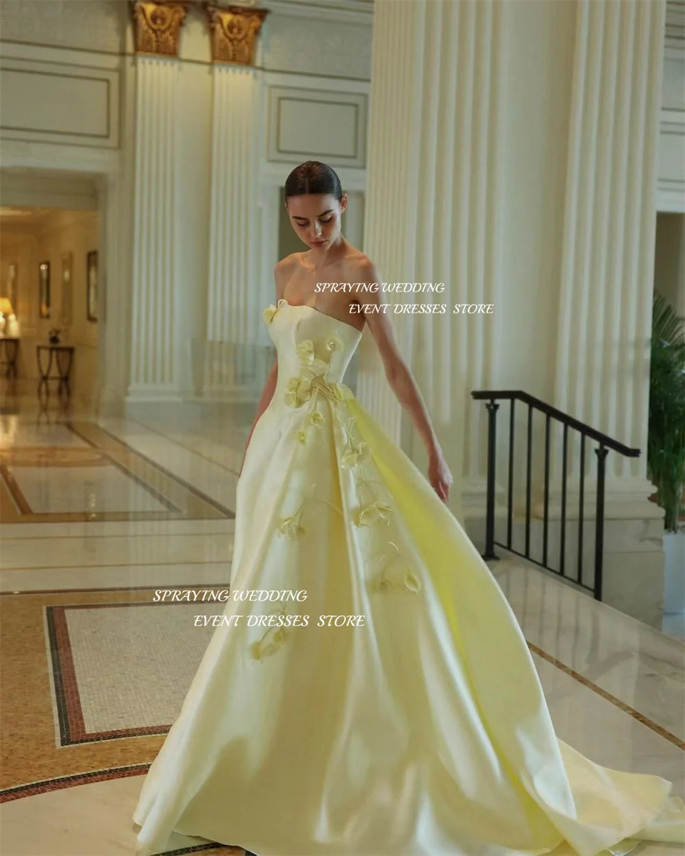 فستان زفاف بسيط بدون حمّالَ من الساتان ، بدون أكمام ، بطول الأرض ، ثوب زفاف طويل ، زهرة ثلاثية الأبعاد ، تصوير ، صورية