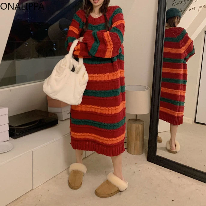 Onalippa Festive Atmosphere Striped Dress for Women Contrast Straight Loose Midi Dresses Korean Chic Design Oversized Sweater