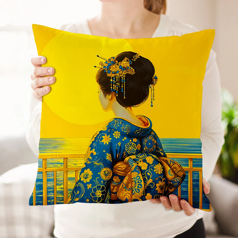 Vintage Geisha Floral Pillow With Insert, Butterfly Kimono Pattern Double Sided Geisha  Pillow With Insert