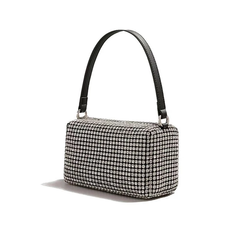 Popular diamond-embellished queen bag with rhinestones for women2026New model chain silver square evening bag