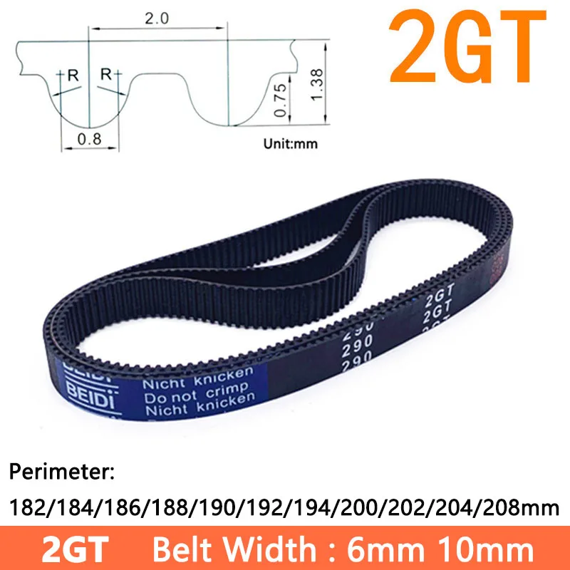 

2GT Timing Belt GT2 Rubber Closed Synchronous Belt Perimeter 182/184/186/188/190/192/194/200/202/204/208mm Width 6mm 10mm