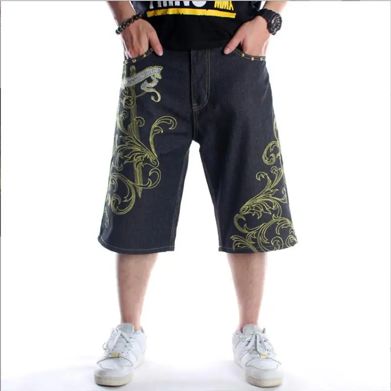 Summer Embroidery Wide Leg Hip-Hop Black Jeans Shorts Male Skateboard Swag Baggy Men Capri Denim Pants 2024 Summer w793