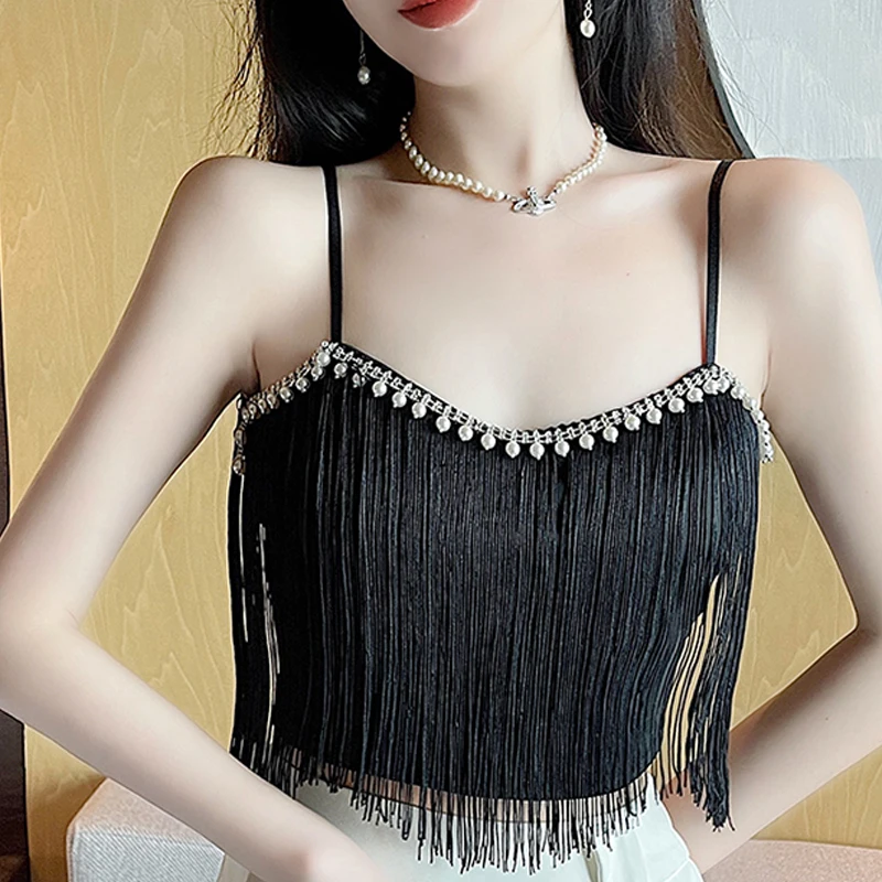 2023 Tassel Beading Mini Camis Off Shoulder Backless Sleeveless Slim Women Summer Fashion Hight Waist Sweet Sexy Top