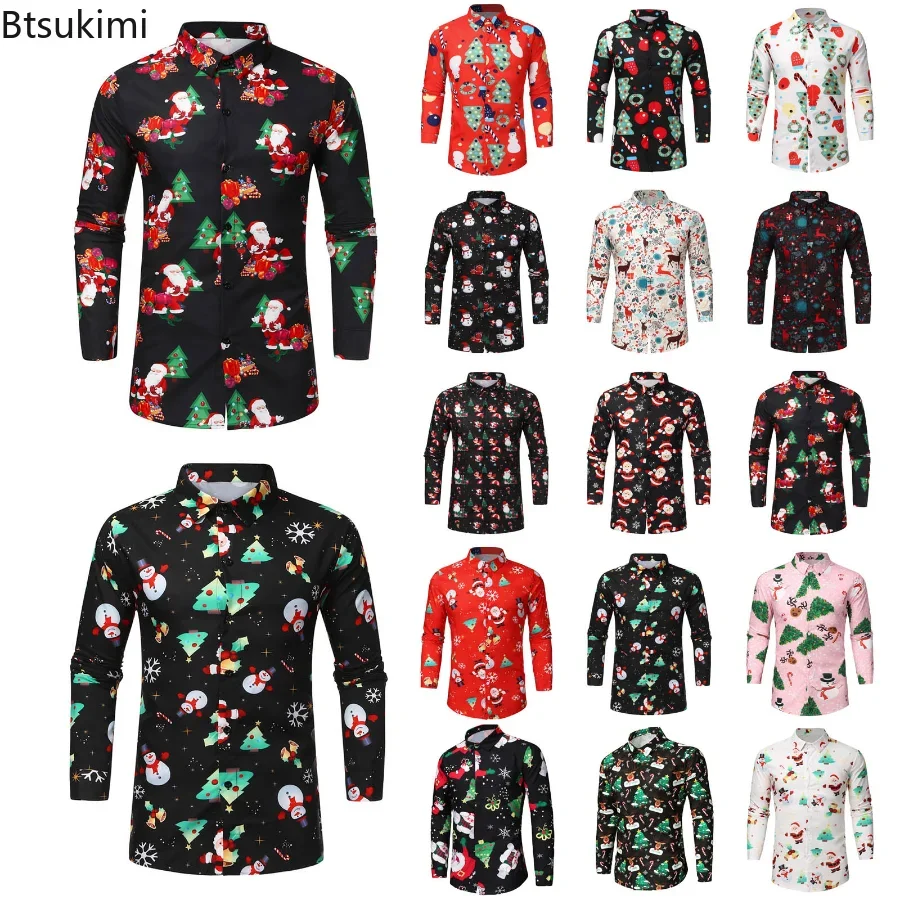 New 2024 Men's Long Sleeve Shirt Christmas Shirt Banquet Holiday Printed Tops Cartoon Men Long Sleeve Festival Party Shirts Male