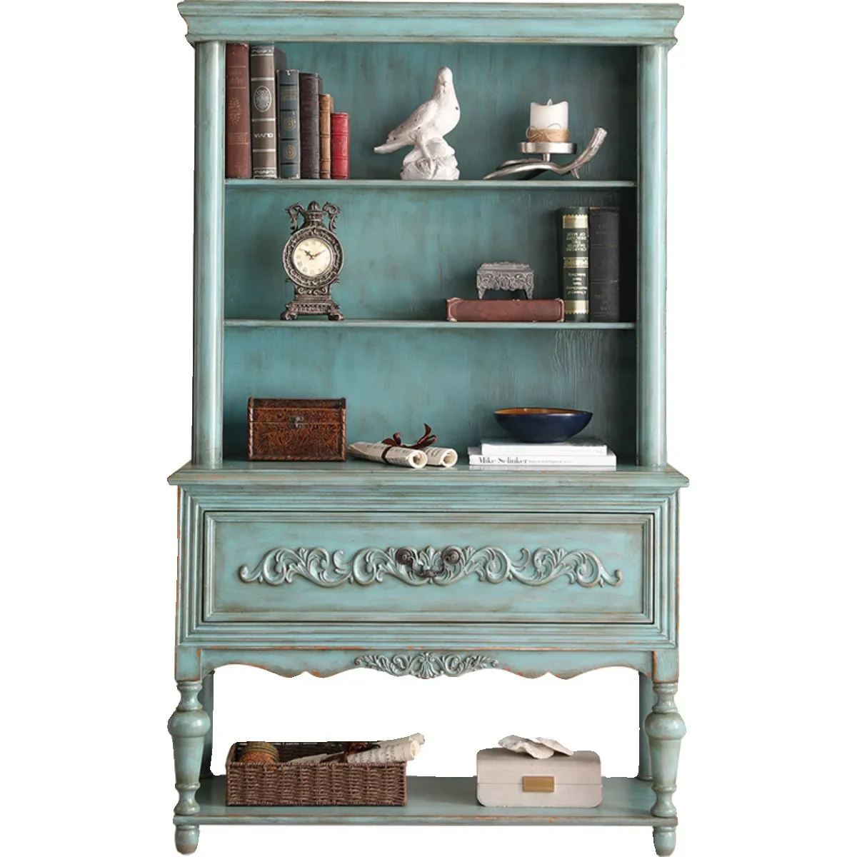 

American rural solid wood antique bookcase bookcase wardrobe Shanghai furniture French retro old living room display cabinet