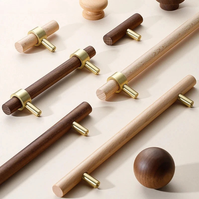 Luxury Pure Copper Kitchen Cabinet Knob Natural Walnut Beech Wooden Furniture Kitchen Door Handle Wardrobe Cupboard Drawer Pulls