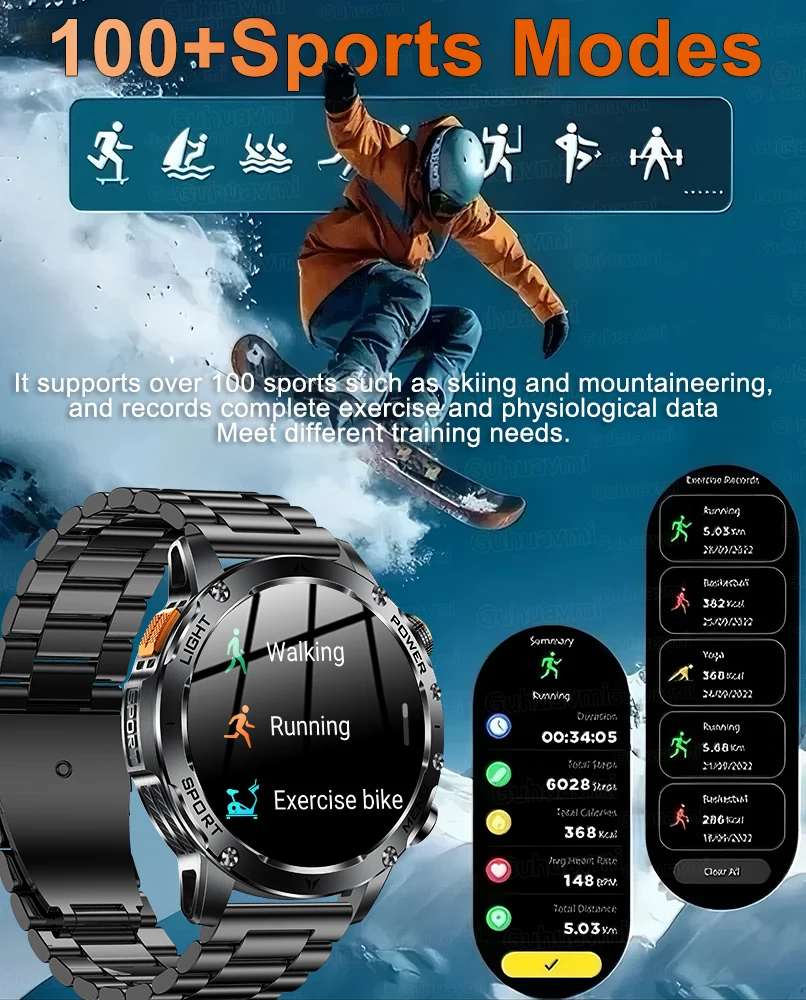 Reloj inteligente con batería grande de 1000mAh para hombres, llamada Bluetooth, monitoreo de salud, 5ATM, resistente al agua, más de 100 deportes, grado militar
