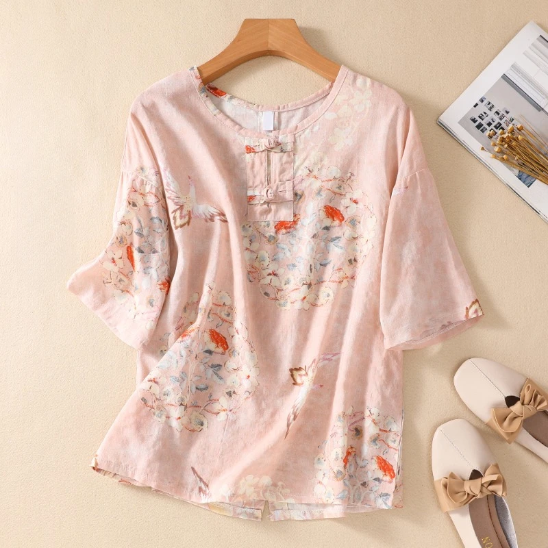 Chinese Style Women\'s Shirt Summer Prints Vintage Blouses Loose Short Sleeves Women Tops Cotton Linen Fashion Clothing