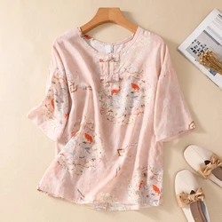 Chinese Style Women's Shirt Summer Prints Vintage Blouses Loose Short Sleeves Women Tops Cotton Linen Fashion Clothing