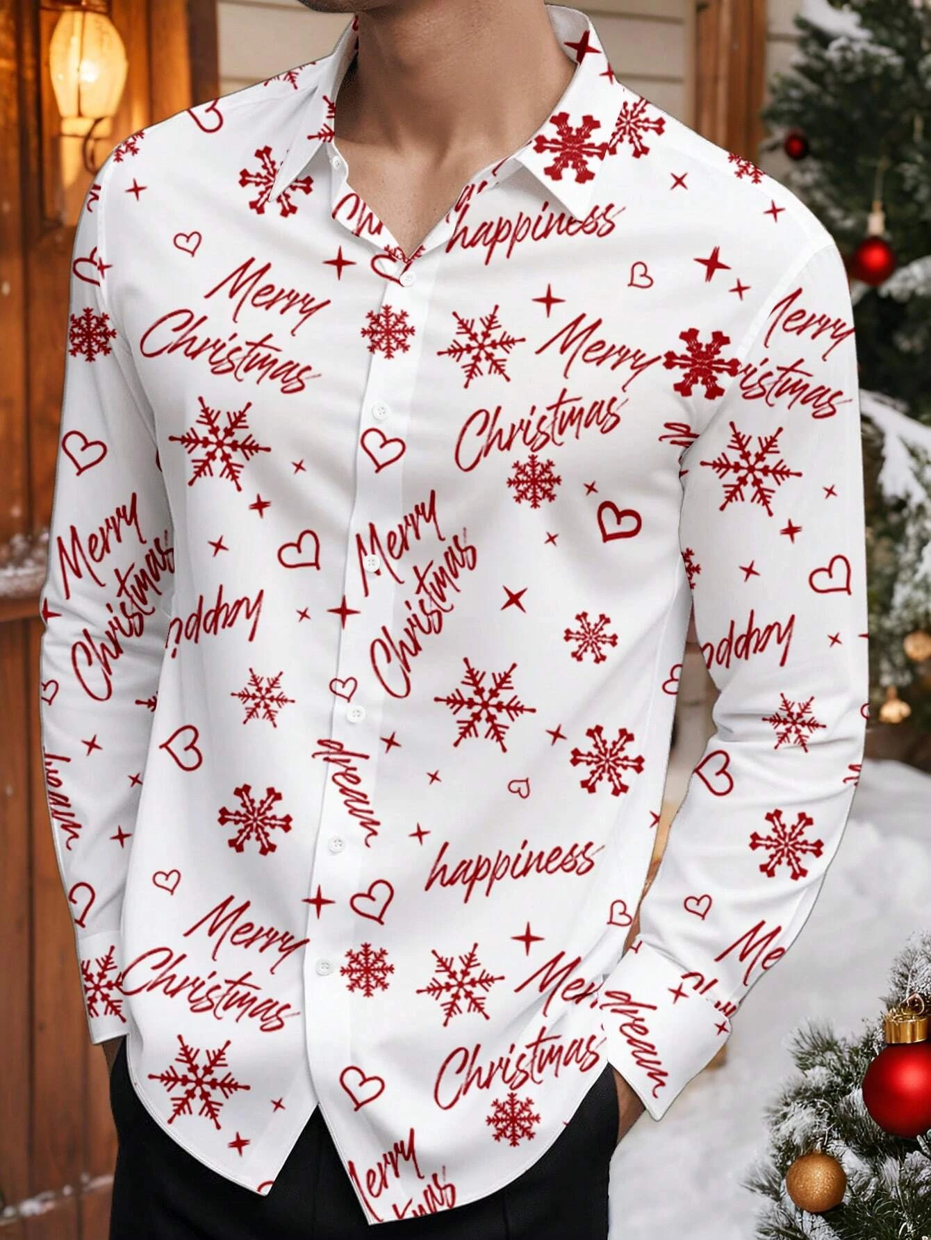 

Mens Holiday Fashion Shirt Christmas Element Letter Print Slim Fit Full Width Long Sleeve Casual​
