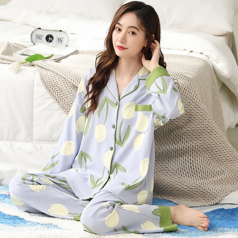 Blue Pajamas Set White Tulip Sweet Long Sleeves Long Pants Autumn Winter Cute Sleepwear Cozy Pyjamas Soft Pijamas Lady Pjs Girls