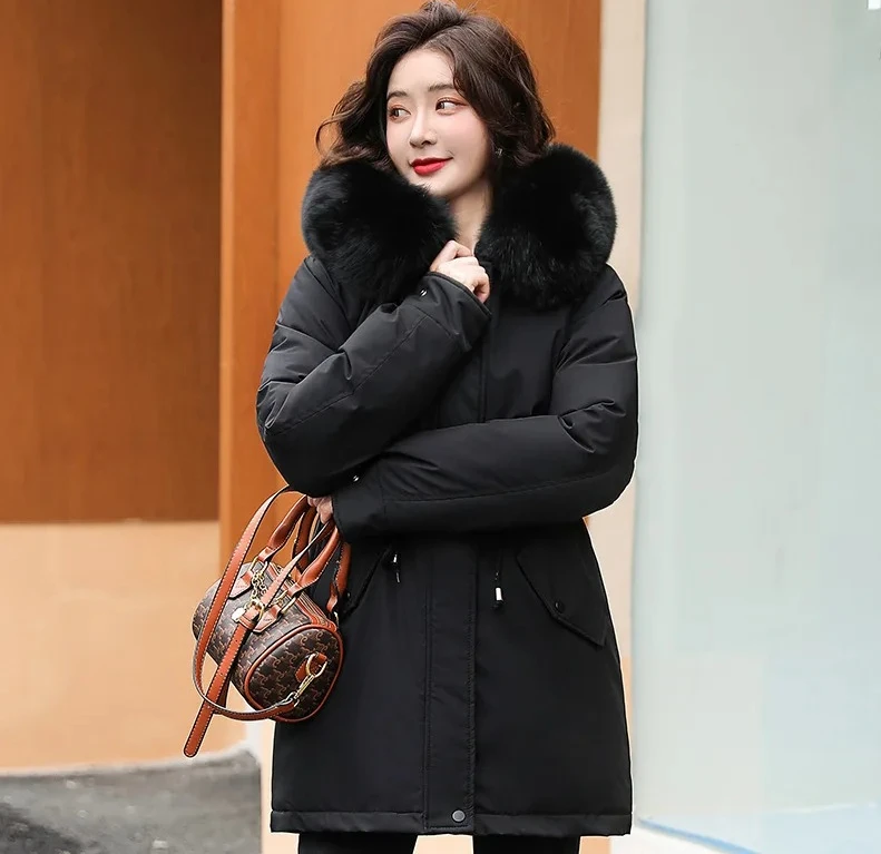 

Women Fashion Winter Jacket Slim with Fur Collar Warm Snow Wear Padded Clothes Long Coat Wool Liner