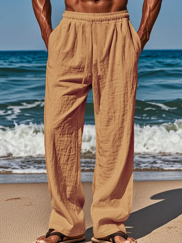 

Мужские летние повседневные брюки из хлопка и льна свободного кроя с широкими штанинами, прямые, однотонные, модные, длинные, пляжные, с поясом