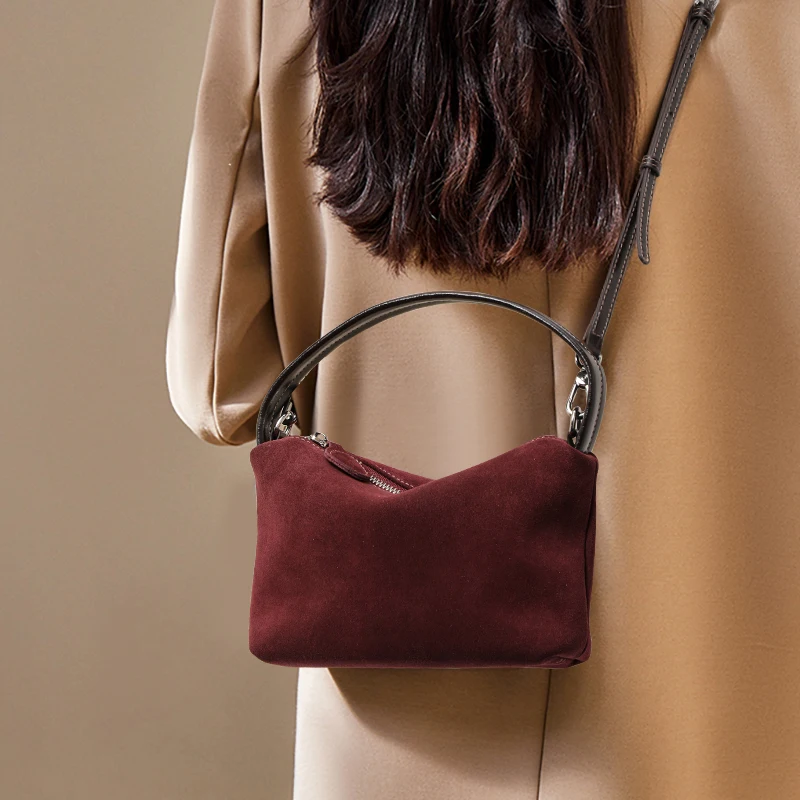 Genuine Cowhide Suede Women Hobo Bag, Angola Red Mini Shoulder Bag with Detachable Strap, Portable Purse for Travel Daily Use
