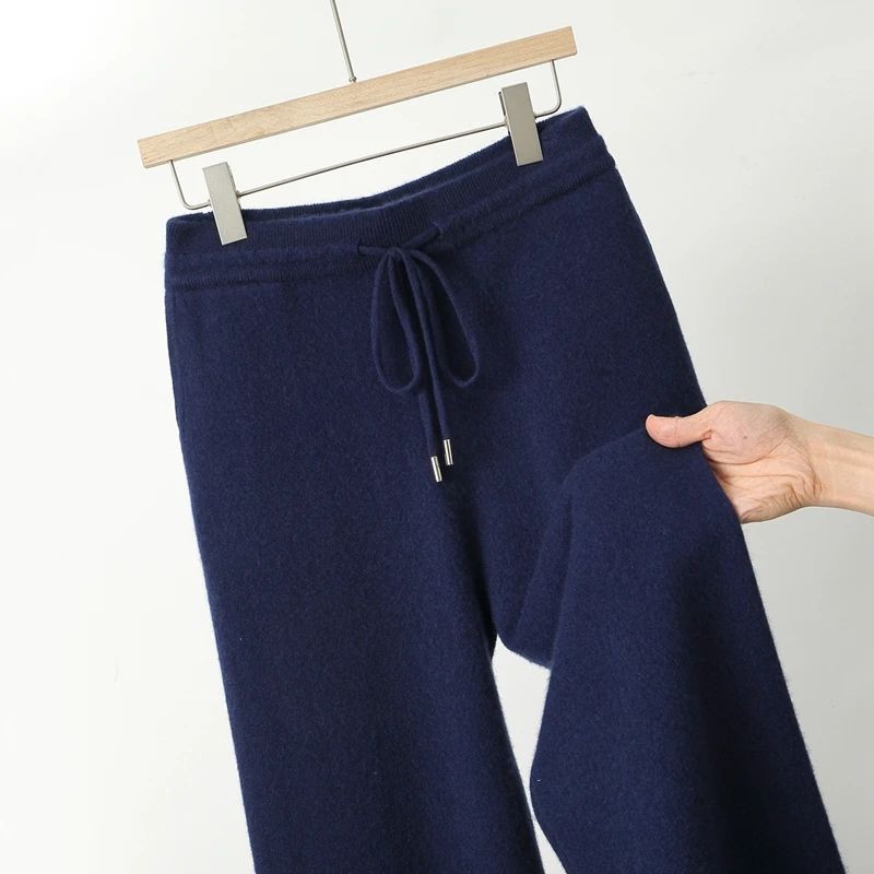 Otoño e Invierno nuevos pantalones 100% de lana pura pantalones de pierna ancha informales ajustados sueltos planos con cordón de cintura elástica para hombres