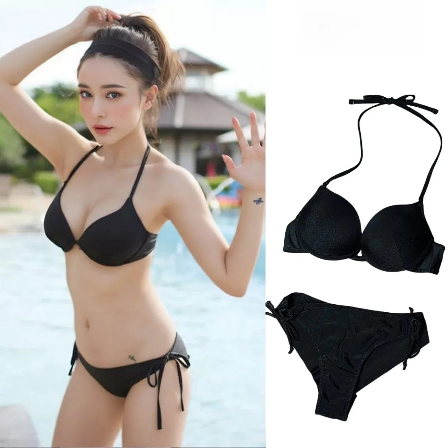 

Sexy Gathered Bikini Swimwear with Chest Pad Hot Spring Hanging Ne Divided Steel Ring Two Piece Swimming Costume
