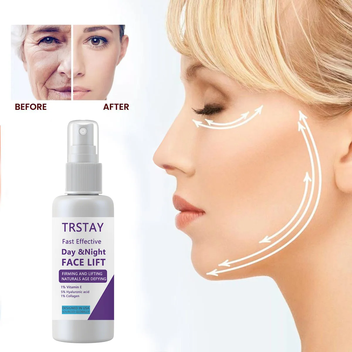 Facial spray for quick and effective facial repair, rich in collagen, used in morning and evening