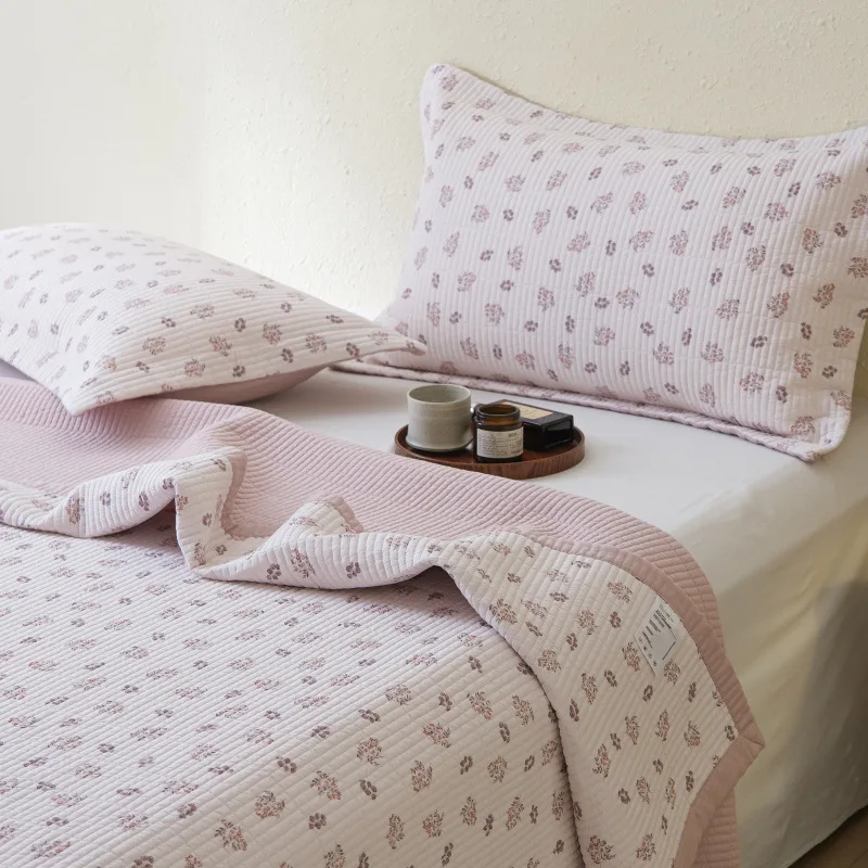 Simple Silky Cotton Printed Quilt Set Full/Queen Size Bedspread with Pillowcase Summer Lightweight Quilted Bed Cover Comforter