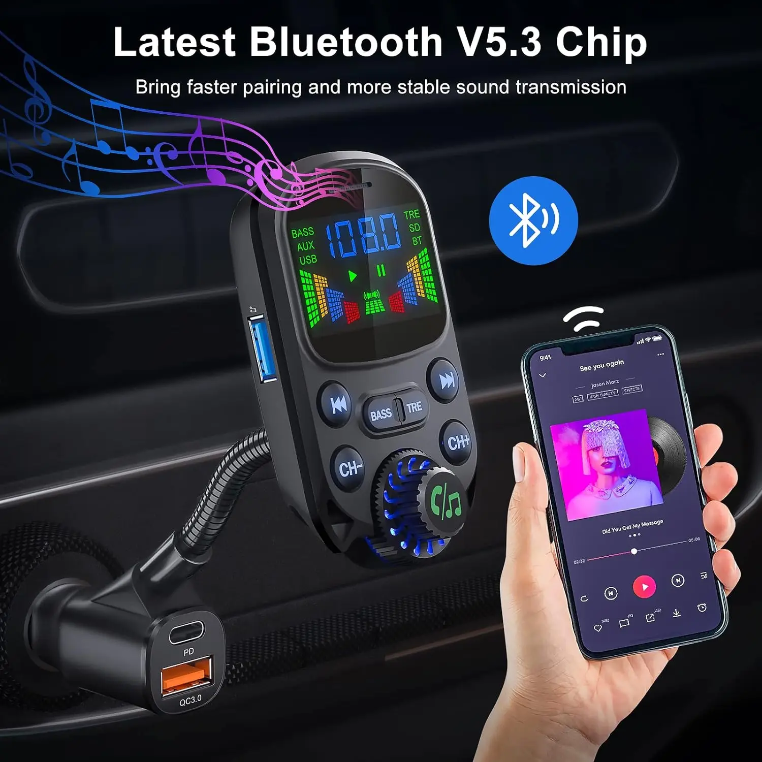 Trasmettitore FM Bluetooth 5.0 per auto Kit vivavoce Wireless per auto Bass ricevitore Audio AUX da 3.5mm QC3.0 PD 30W lettore Mp3 a ricarica rapida