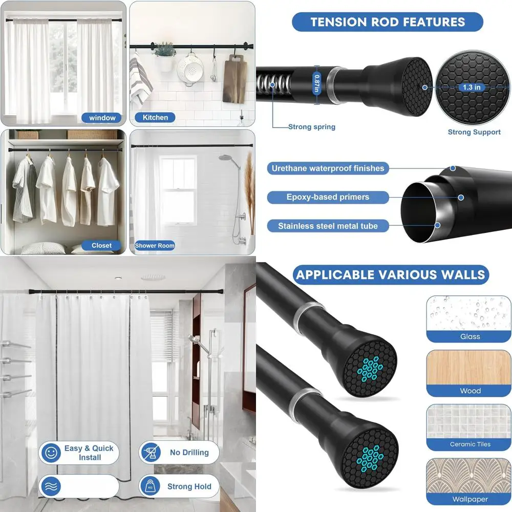 

Adjustable 30-64 Inch Black Tension Curtain Rod for Windows, Closets, and Doorways - No Drilling Needed