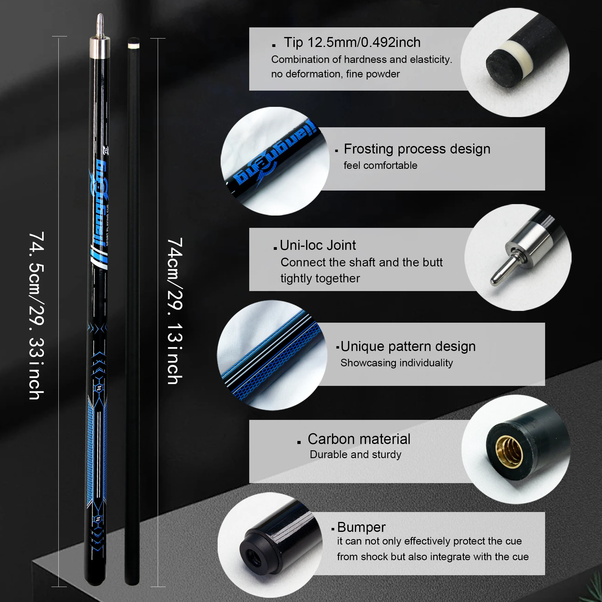 Professional Billiards Cue 12.5mm Tip Tech Fiber Glass Carbon Balanced Weight Ideal for American Pool and Café Billiards Players