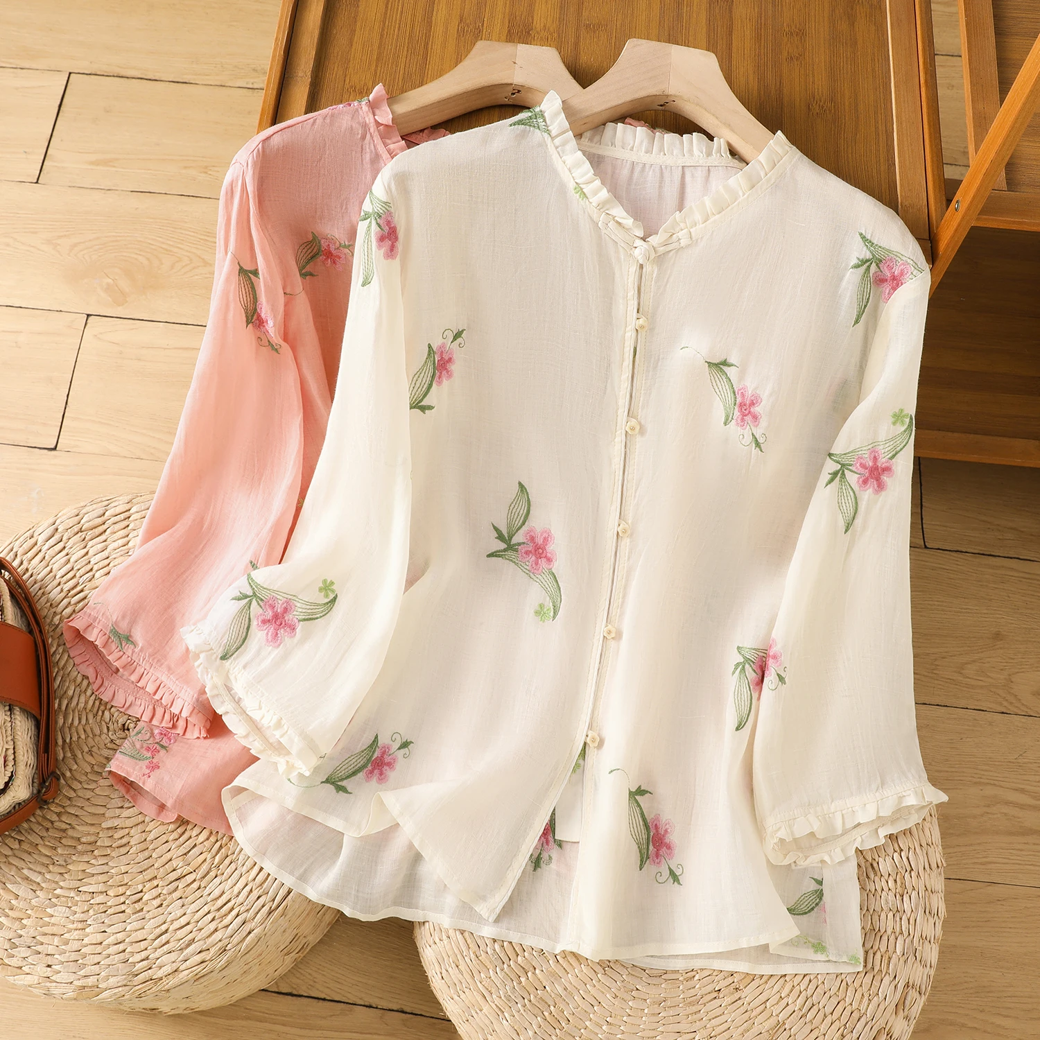 

Embroidered Single-Button Sleeveless Women's Shirt Spring Summer New Style Commute Style Floral Pattern Cotton Blend Shirt