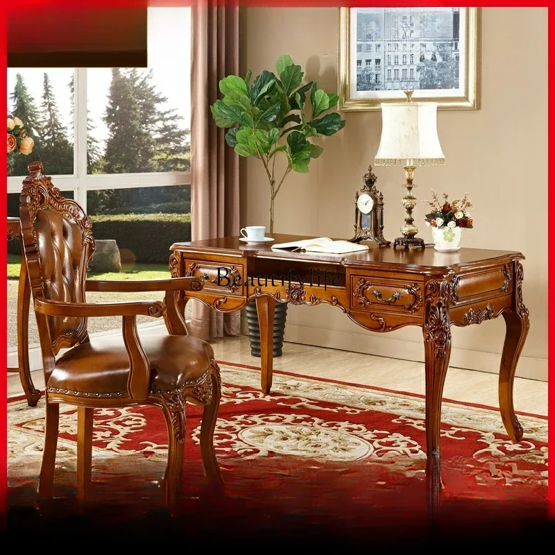 European, American solid wood carving flower paint desk writing desk integrated table