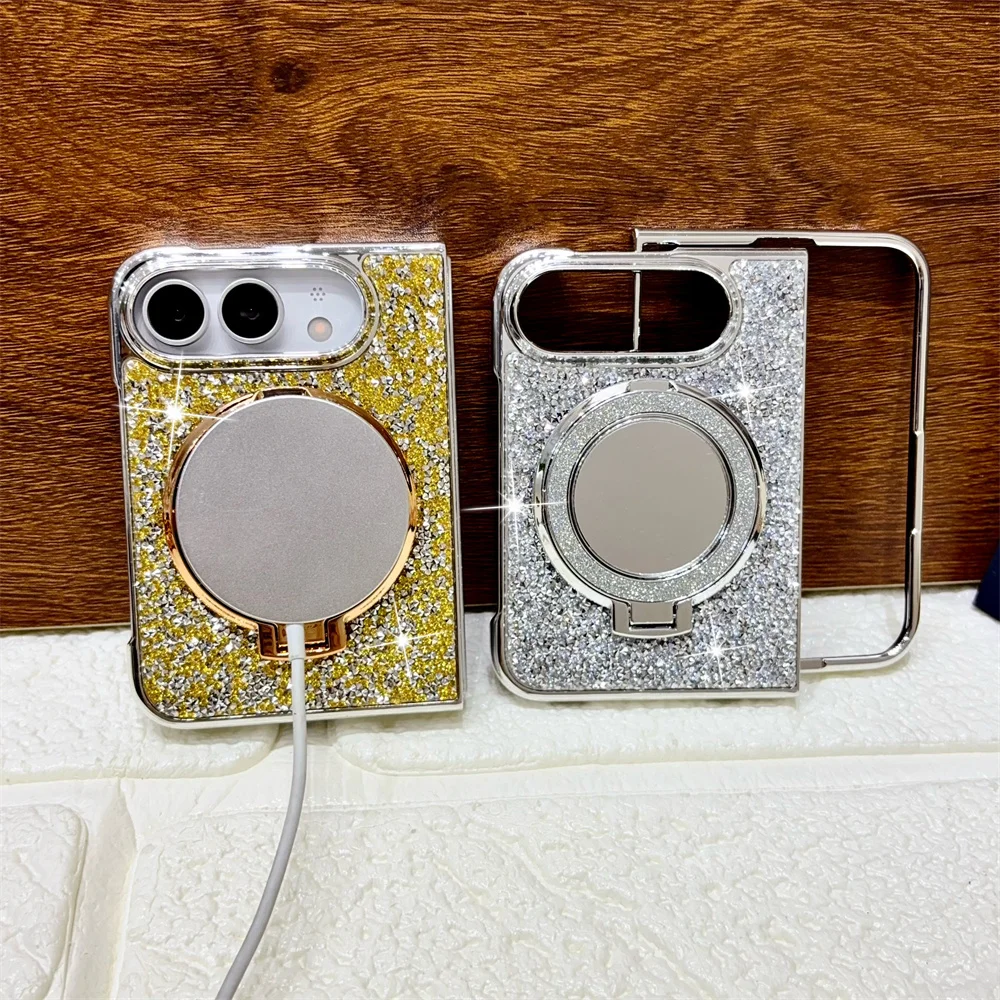 Élégant Étui de Téléphone Magnétique avec Miroir de Maquillage Scintillant et Support Intégré pour iPhone, Coque de Protection Ultra Luxueuse et Brillante