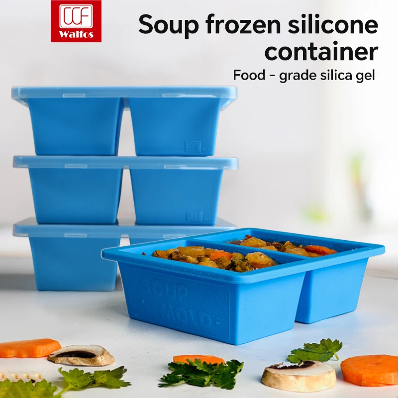 WALFOS 2 Cubes Silicone Soup Freezer Mold With Lid Frozen Packaging Box Extra Large Soup Ice Cube Tray Kitchen Accessories