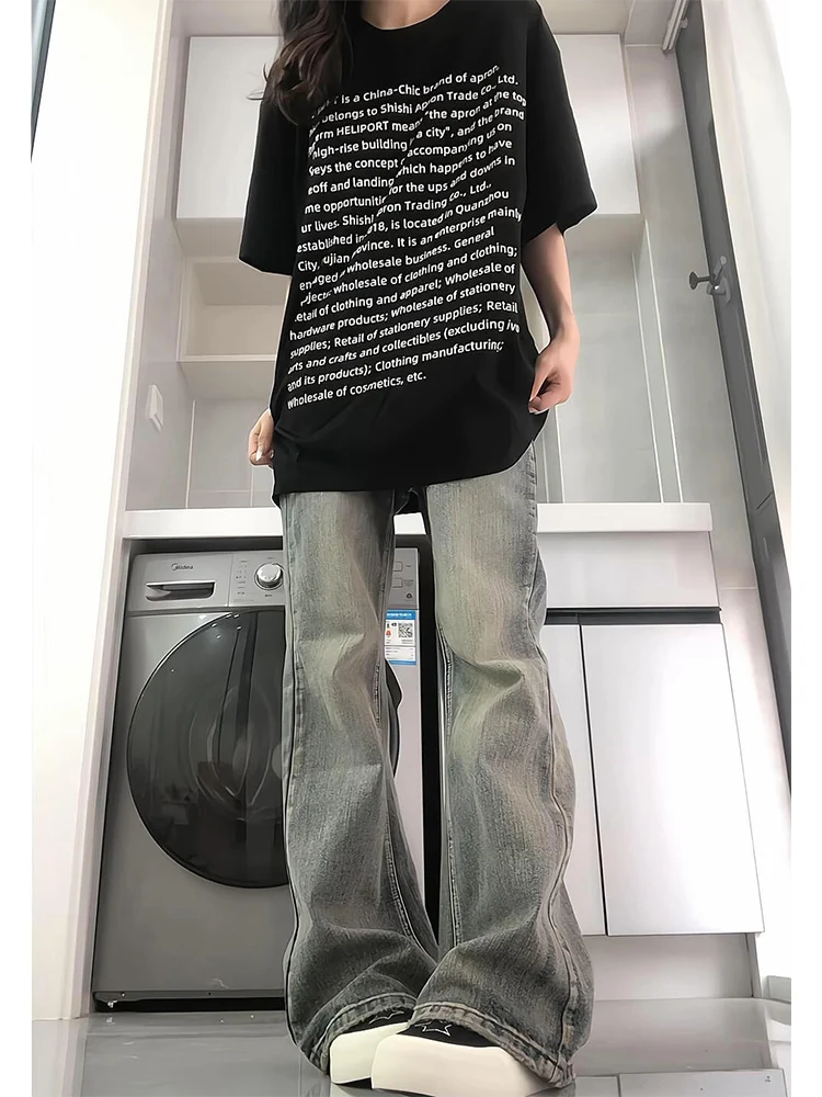 

Retro American Light Wa Bell Bot Jeans Women's Summer High Waist Loose Straight High Street Wide Leg Pants Cotton Stretc...