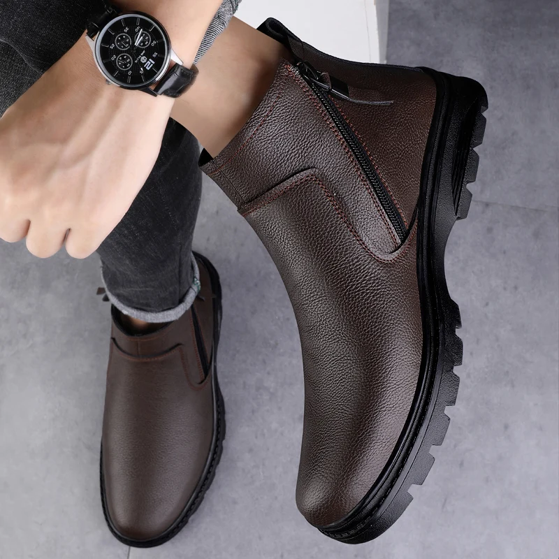 Nowa moda Komfortowe męskie buty Chelsea Prawdziwe skórzane buty do kostki Boczny zamek błyskawiczny Męskie buty biznesowe Ciepłe pluszowe buty zimowe na futro
