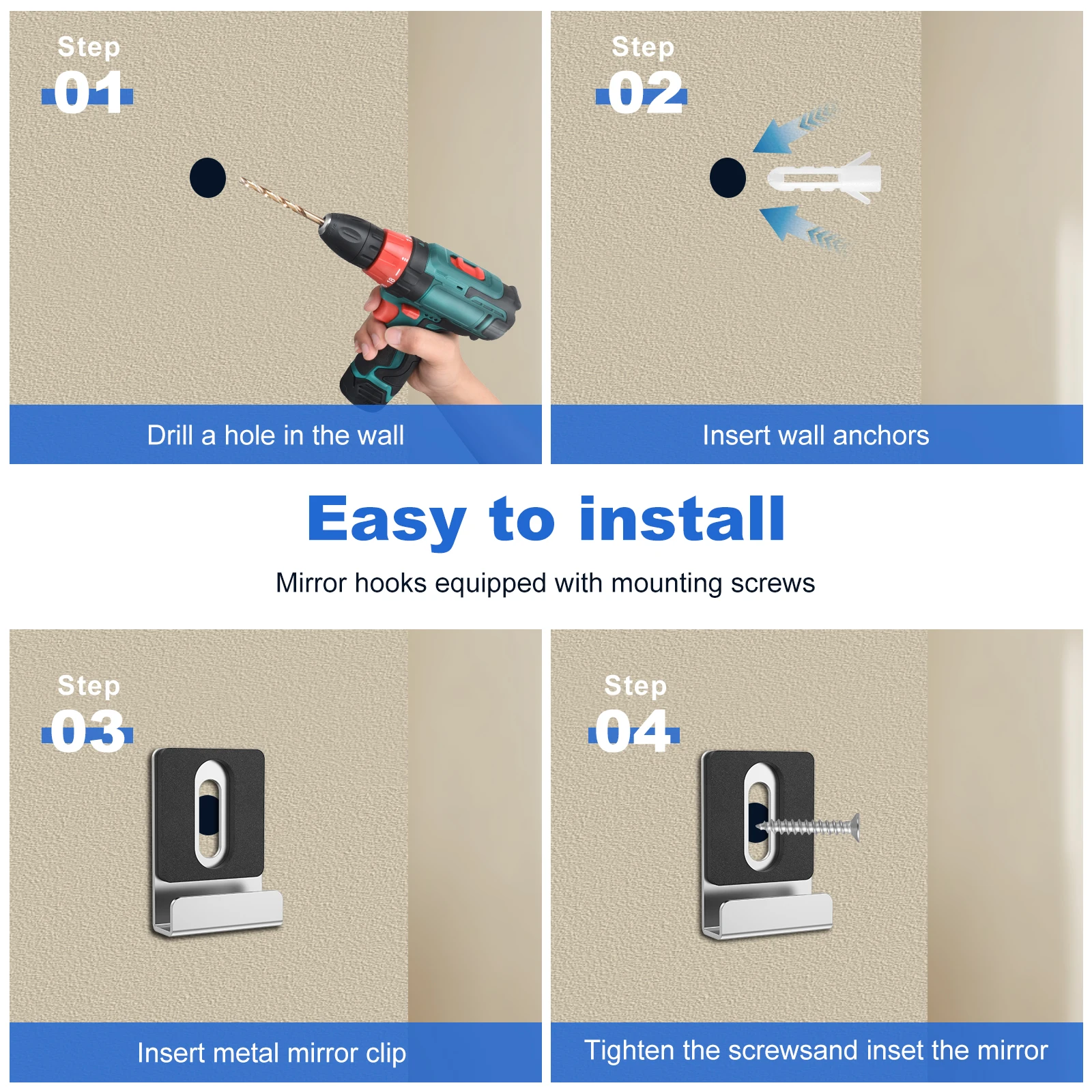 Support de miroir rectangulaire en forme de J, clips de miroir en acier allié avec vis, matériel de suspension à paillettes RapDuty, 12 pièces