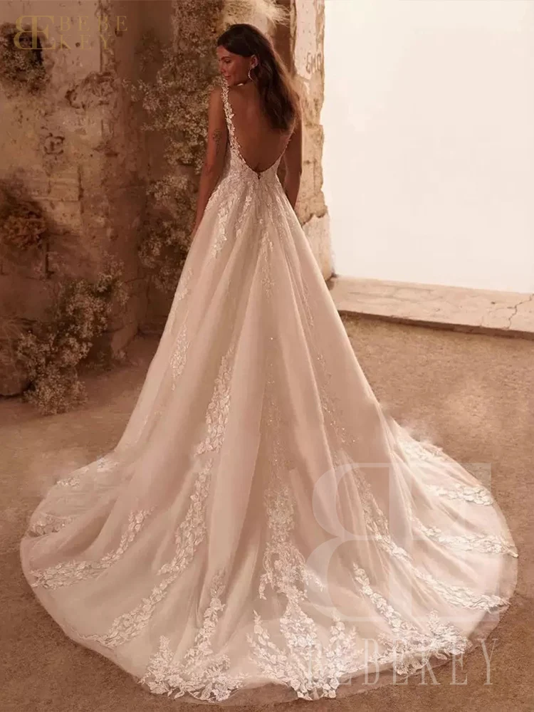 BEBEKEY مخصص السباغيتي الأشرطة فساتين الزفاف ألف خط الدانتيل زين فستان زفاف عارية الذراعين فستان رسمي vestidos de novia