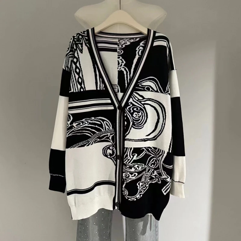 H Horse Knit Cardigan Women Long Sleeve Golf Sweater Jacquard En Desordre Finesse Coat Autumn Winter Luxury Brand Tops Clothing