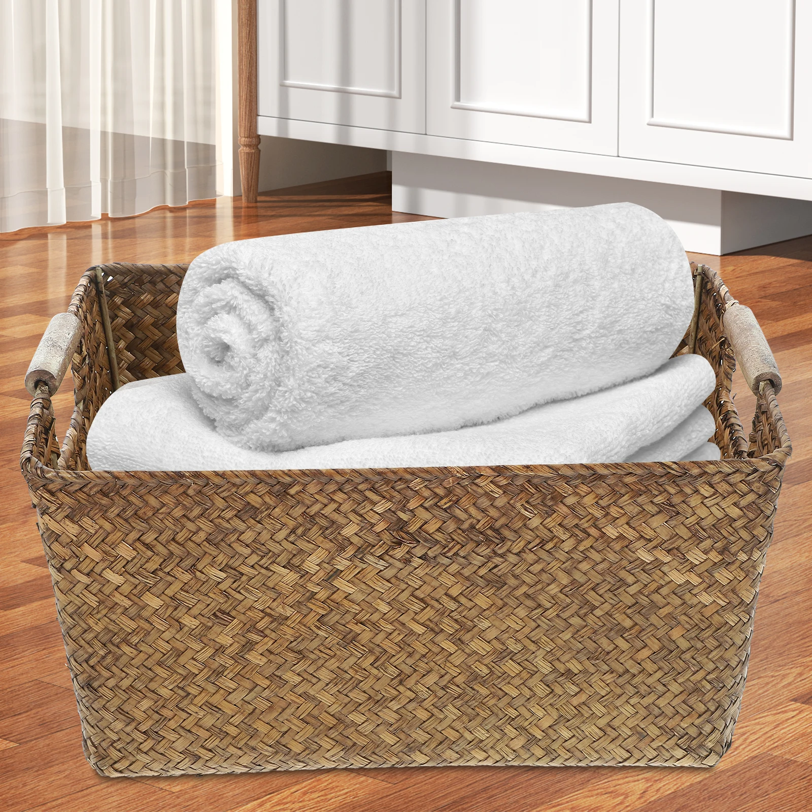 

Seagrass Basket Rectangular Bamboo Desktop Storage Organizer Box Wood Handle Practical Storage Bin for Home Office