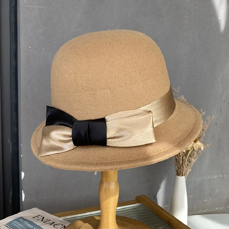 French Hepburn Style Bowler Hat Women's Autumn And Winter Fashion All-matching Dome Bucket Hat Elegant Bowknot Fisherman Hat