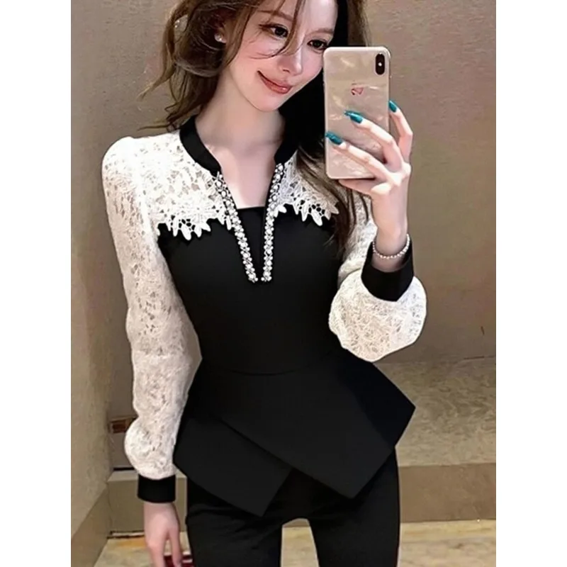 

Уникальный, красивый и элегантный зимний топ, подчеркивающий талию, с высококачественным нишевым дизайном в стиле Heben, черная рубашка с кружевными вставками.