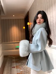 Women Winter Fox Fur Collar Double-sided Cashmere Loose Jacket Batwing Sleeves Coat Luxury Cardigan Woolen Overcoat With Belt
