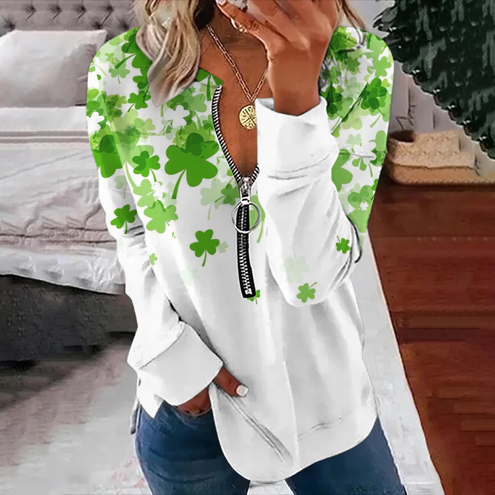 

Zipper Long Sleeved Plant Pattern Round Neck 3d Casual Cross-Border Spring And Autumn New Artistic Polo ShirtWF4