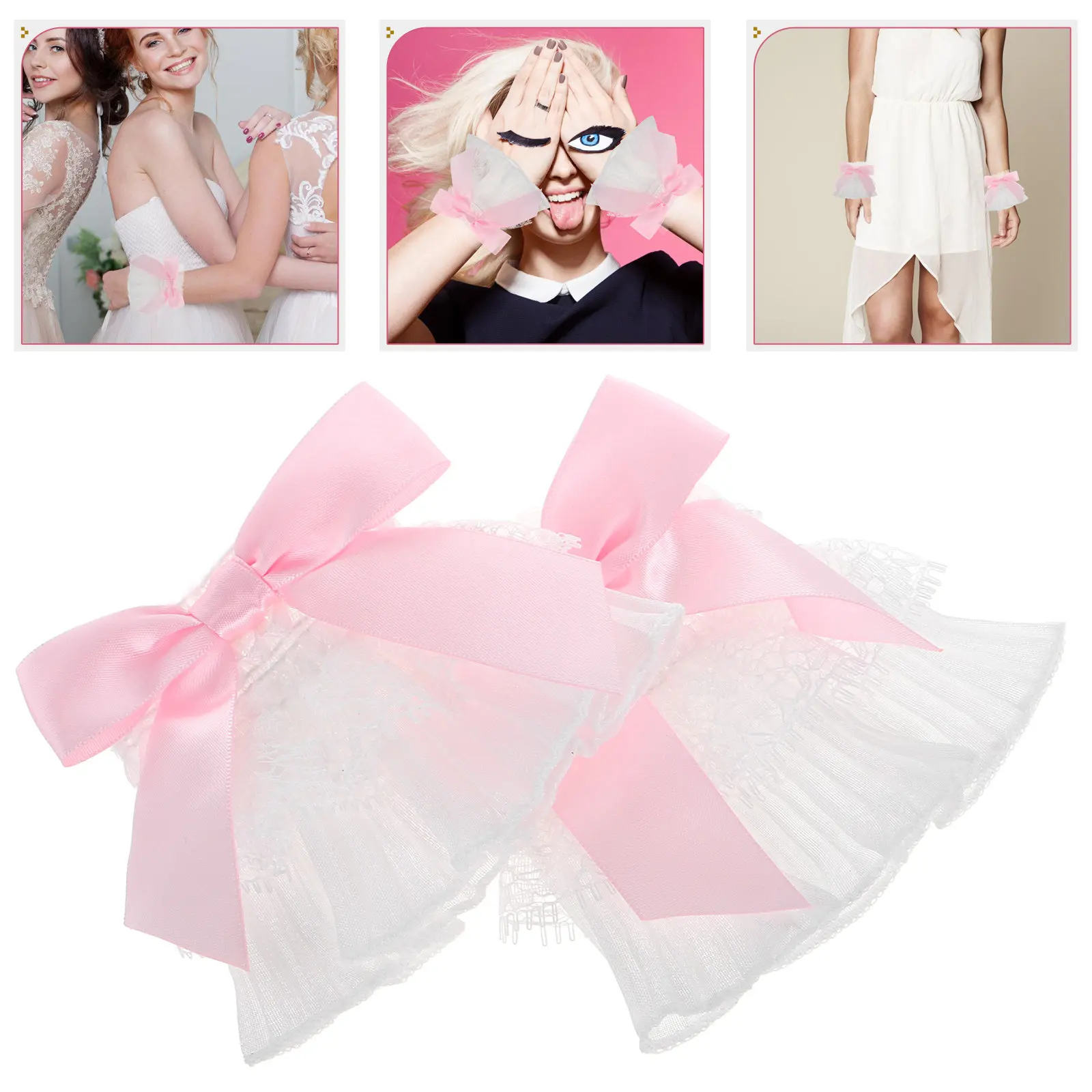 

1Pair Lace Bow Sleeve Cuffs Detachable Ruffled Fake Sleeve Nail Art Photoshoot Elastic Wrist Lace Hand Cuffs for Women