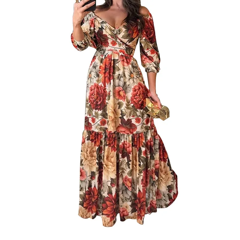 Women's 2025 Spring New Euro-American Elegant Floral Print V-Neck A-Line Dress - Chic Stylish Party Gown