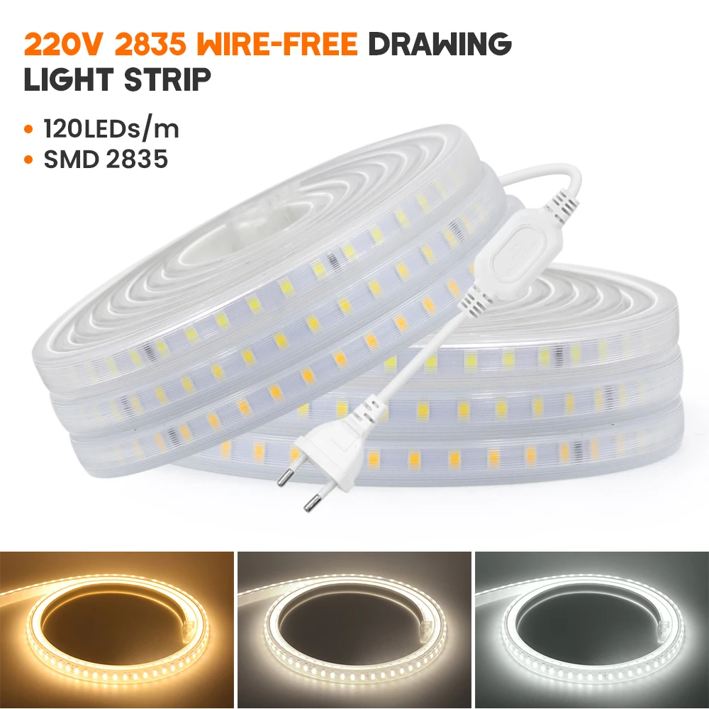 LED Strip 220V High Brightness 120LEDs/m Waterproof Flexible LED Tape Warm White/Natural White/White LED Lights Strip 1-30m