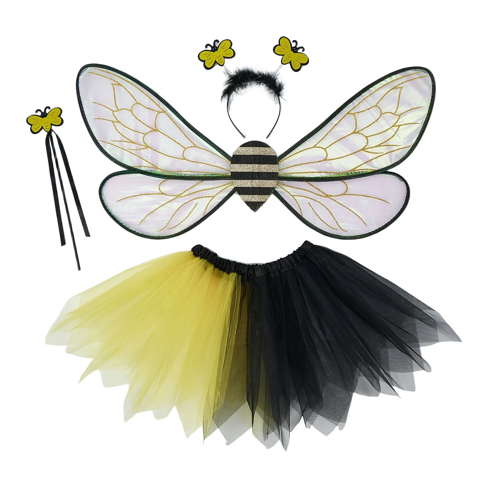 Disfraz de Mariposa para Mujer, Falda Tutú, Diadema y Varita, Conjunto de 4 Piezas para Fiesta de Halloween, Accesorios de Juego de Rol de Abeja