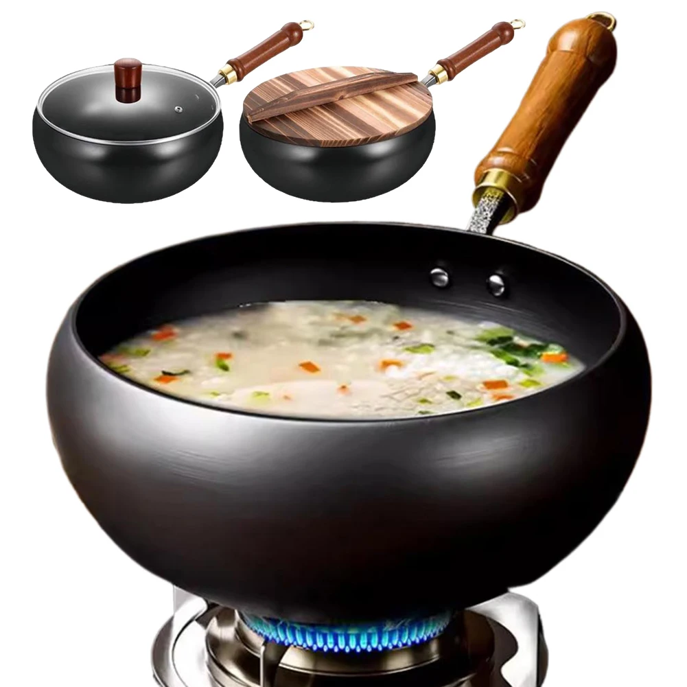 

24CM Nonstick Wok Wooden Handle Chinese Wok with Lid Iron Pan for Home Camping Restaurant Hotel Kitchen