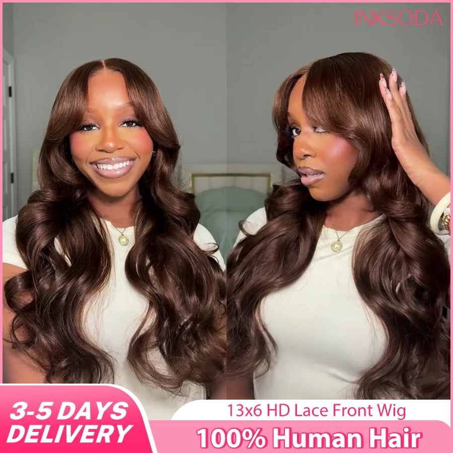 

13x6 Шоколадно-коричневые парики из натуральных волос на кружеве спереди, объемная волна, человеческие волосы 13x4, прозрачный парик на фронтальной части шнурка # 4-цветный парик для женщин