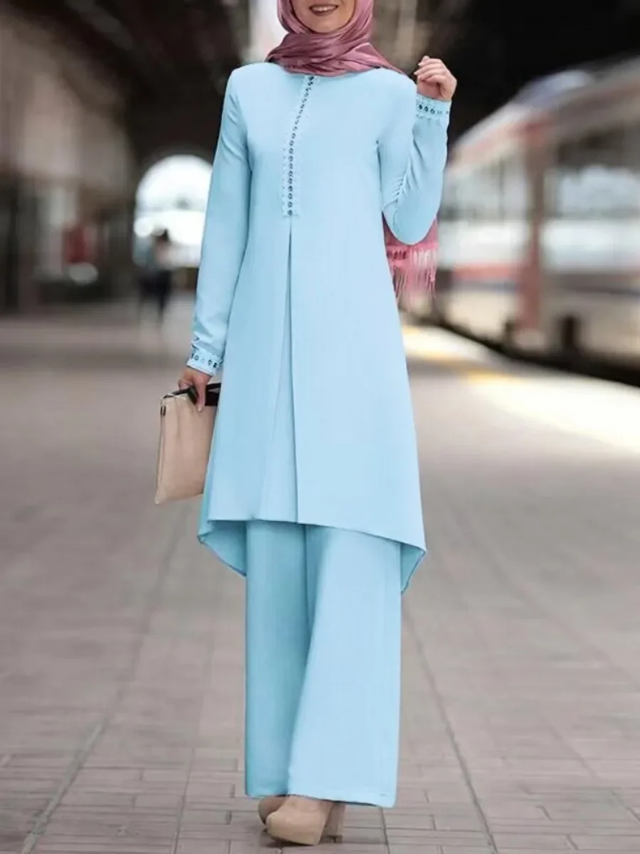 Ramadan Two Piece Sets Shirt &Pants Women Muslim Suits Shirt Blouse Musulman Ensembles Moroccan Kaftan Islamic Dress Sets