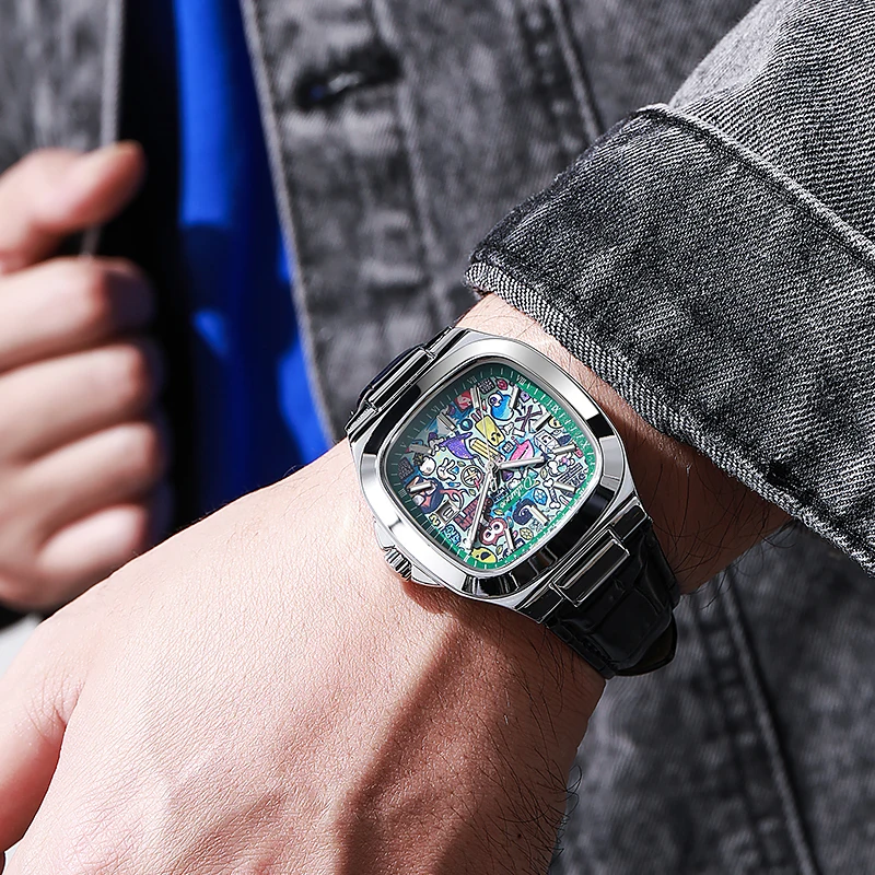 

2025 Новые мужские механические часы лучшего бренда с квадратным циферблатом, высококачественные мужские спортивные часы в мультяшном стиле